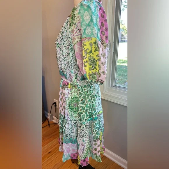 UMGEE Boho Mixed Print Patchwork 3/4 sleeve Dress, Pink, Green, Lavender Small - Picture 6 of 10